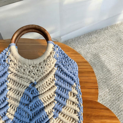 Aira Handcrafted Crochet Wooden Handle Tote – Sky Blue & Ivory