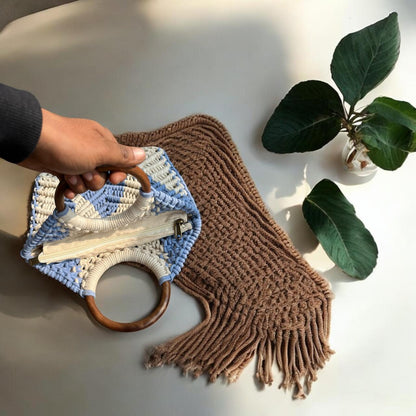 Aira Handcrafted Crochet Wooden Handle Tote – Sky Blue & Ivory