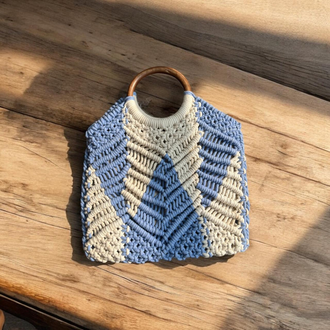 Aira Handcrafted Crochet Wooden Handle Tote – Sky Blue & Ivory