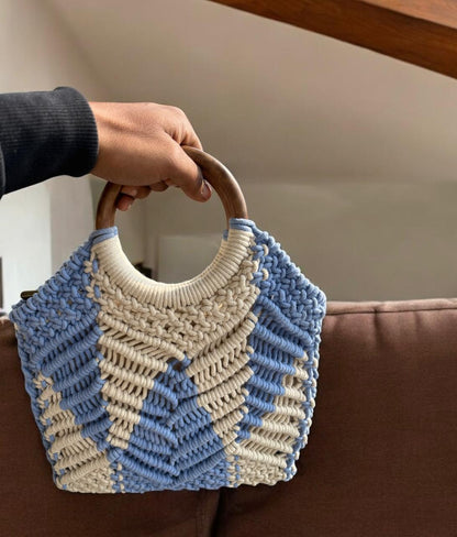 Aira Handcrafted Crochet Wooden Handle Tote – Sky Blue & Ivory