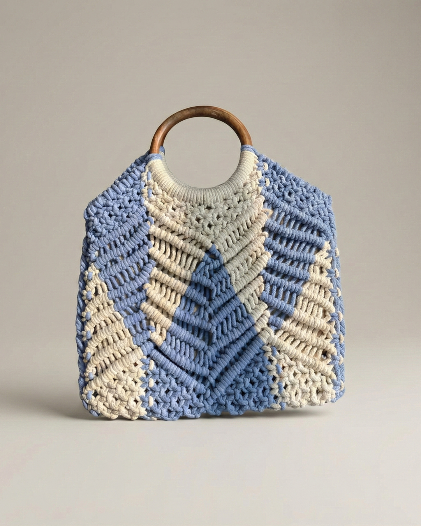Aira Handcrafted Crochet Wooden Handle Tote – Sky Blue & Ivory