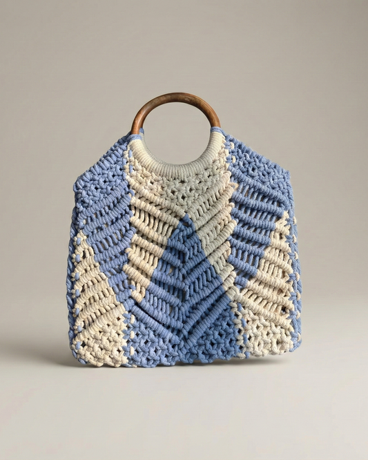 Aira Handcrafted Crochet Wooden Handle Tote – Sky Blue & Ivory